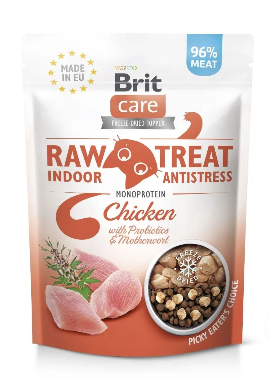 BRIT CARE Raw Treat Indoor&Antristress, piletina, liof. poslastica za mačke, 40g