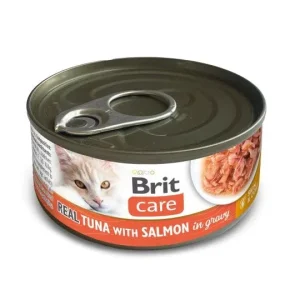 BRIT CARE Real, mesni komadići tune s lososom u umaku, 80g