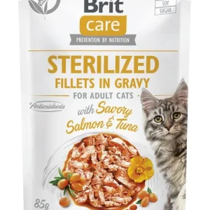BRIT CARE Sterilised, fileti s lososom i tunjevinom u umaku, bez žitarica, 85g