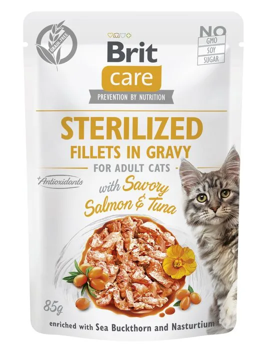 BRIT CARE Sterilised, fileti s lososom i tunjevinom u umaku, bez žitarica, 85g