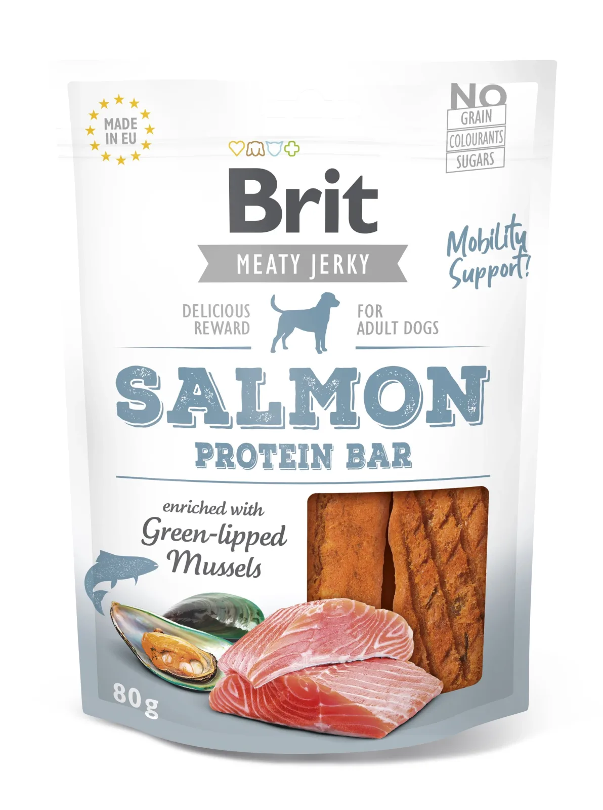 BRIT Meaty Jerky, proteinska pločica, losos, obogaćeno Zelenousnom školjkom, 80g