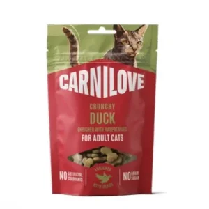 CARNILOVE Crunchy, pačetina obogaćena malinama, hrskava poslastica za mačke, 50g
