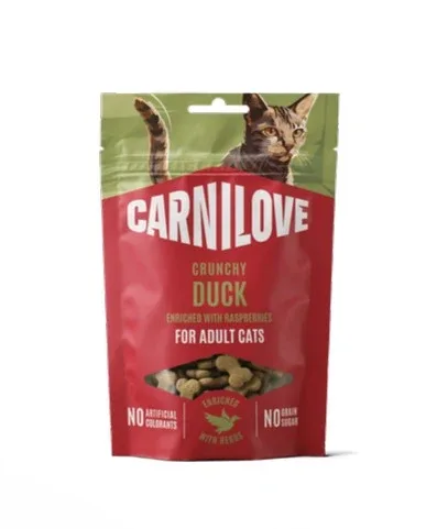 CARNILOVE Crunchy, pačetina obogaćena malinama, hrskava poslastica za mačke, 50g