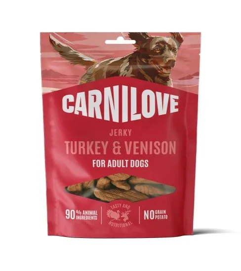 CARNILOVE Jerky, puretina i divljač, poslastica za pse 100g