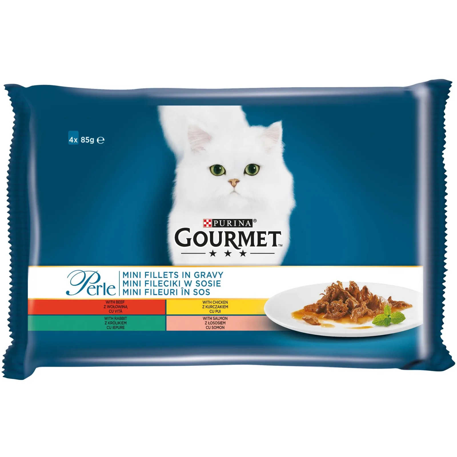 GOURMET Perle Mini fileti s goved., piletinom, kunić. i lososom, u umaku 4x85g