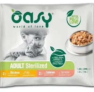 OASY Multipack za sterilizirane mačke, 2x s piletinom i 2x s lososom, 4x85g