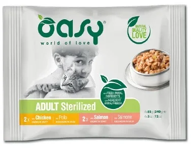OASY Multipack za sterilizirane mačke, 2x s piletinom i 2x s lososom, 4x85g