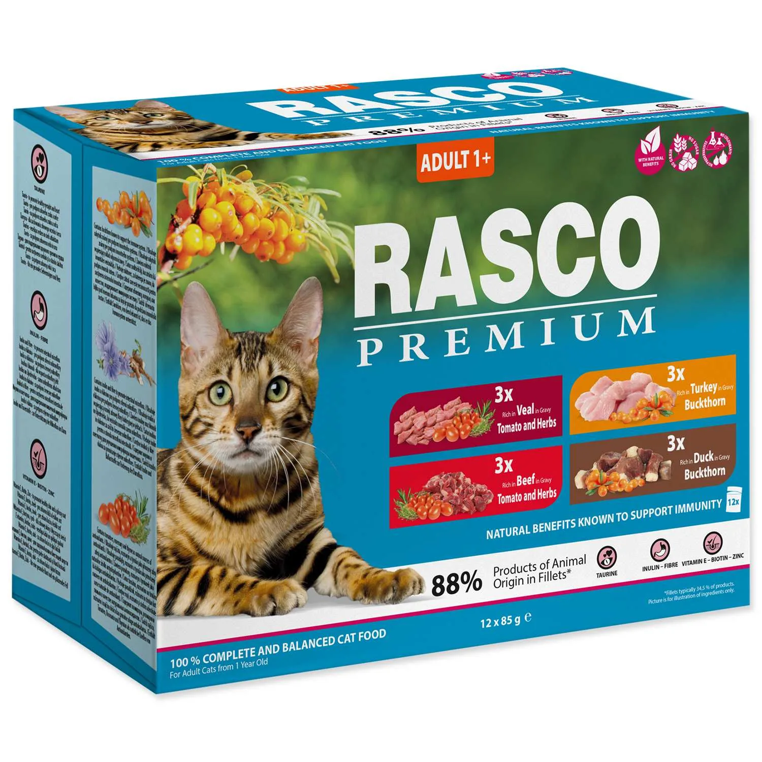 RASCO Premium Cat, 3x govedina, 3x teletina,3x puretina,3x pačetina, 12x85g