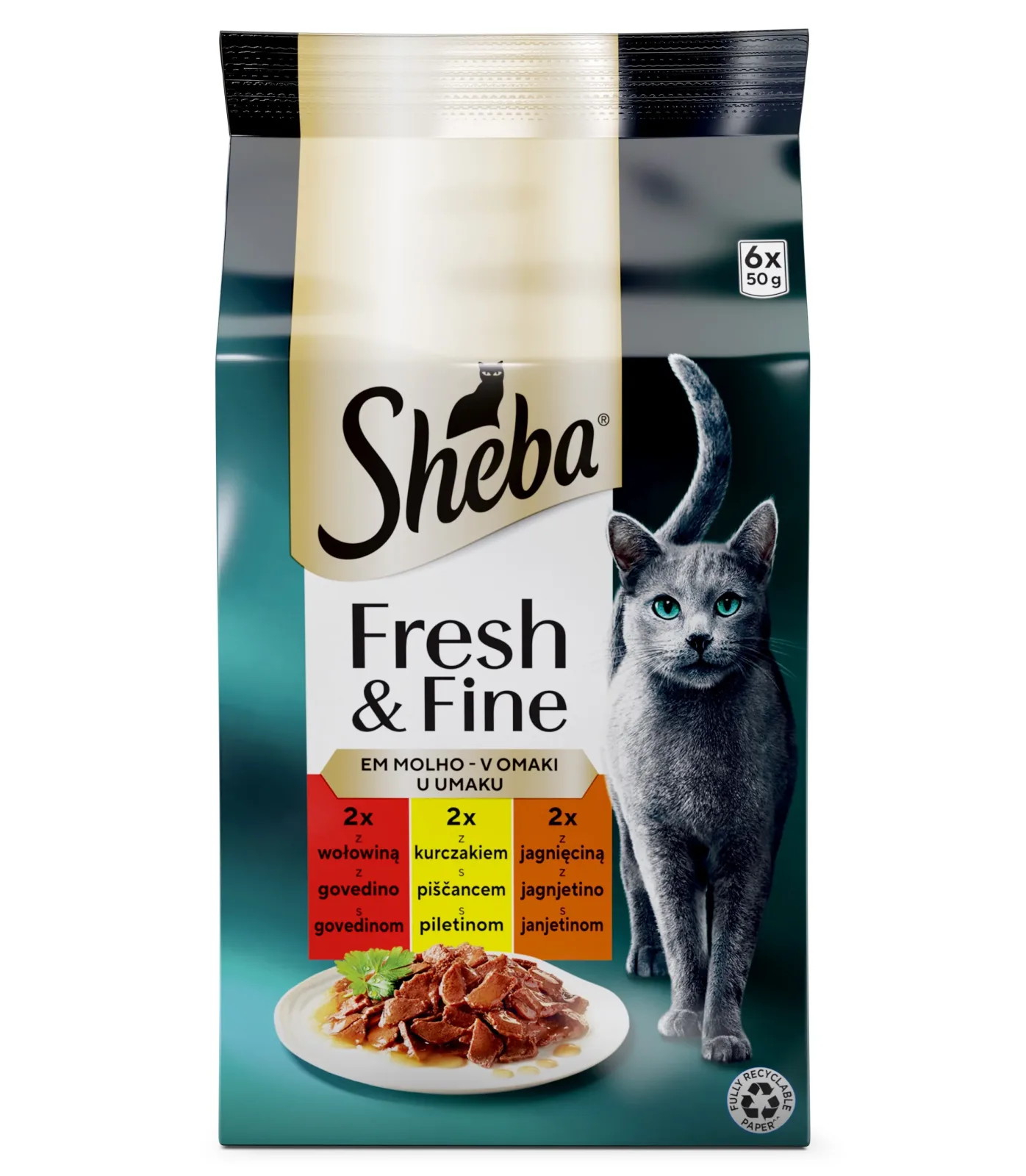 SHEBA Fresh&Fine, s piletinom; s govedinom, s janjetinom, u umaku, 6x50g