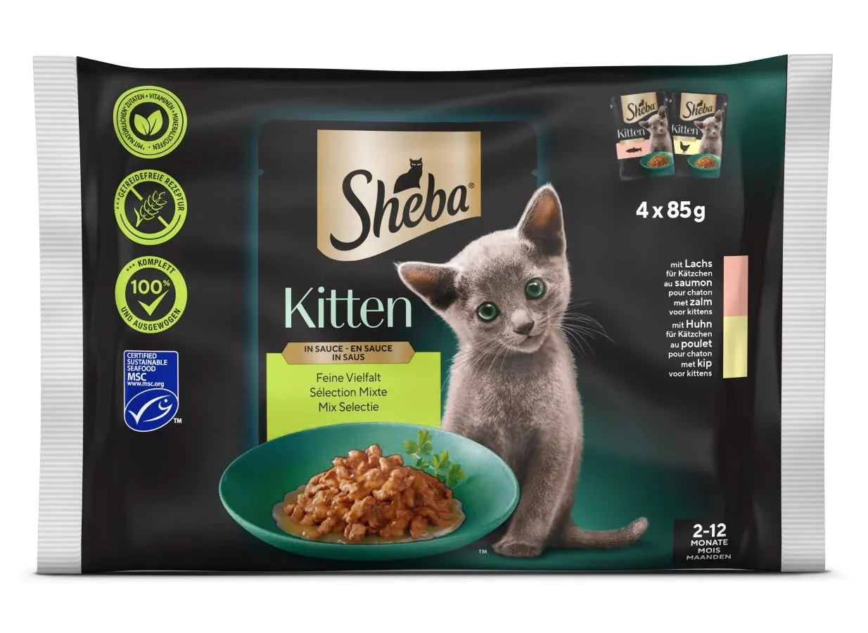 SHEBA KITTEN Multipack, 2x s lososom, 2x s piletinom, u umaku, 4x85g