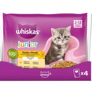 WHISKAS, junior, izbor peradi, s piletinom, s puretinom, 4x85g