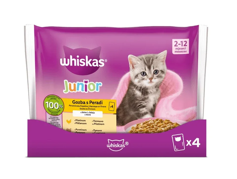 WHISKAS, junior, izbor peradi, s piletinom, s puretinom, 4x85g