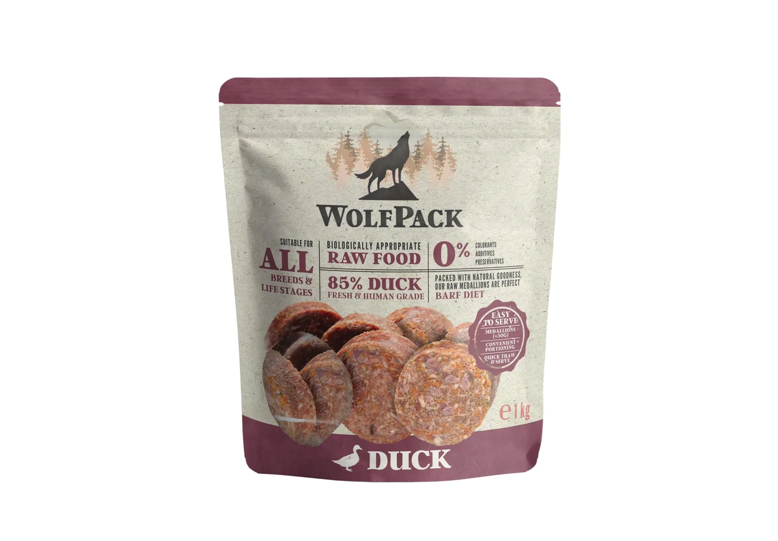 WOLFPACK BARF Medaljoni pačetina, sirova zamrznuta hrana za pse, 1kg